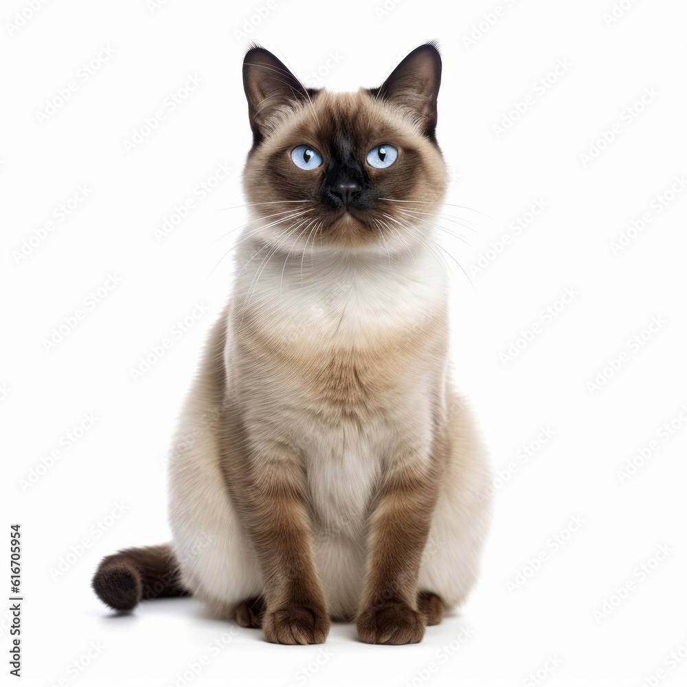 Sitting Siamese Cat. Isolated on Caucasian, White Background. Generative AI.