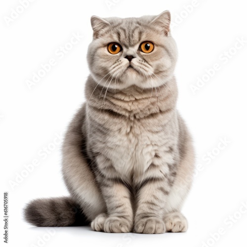 Sitting Scottish Fold Cat. Isolated on Caucasian, White Background. Generative AI.
