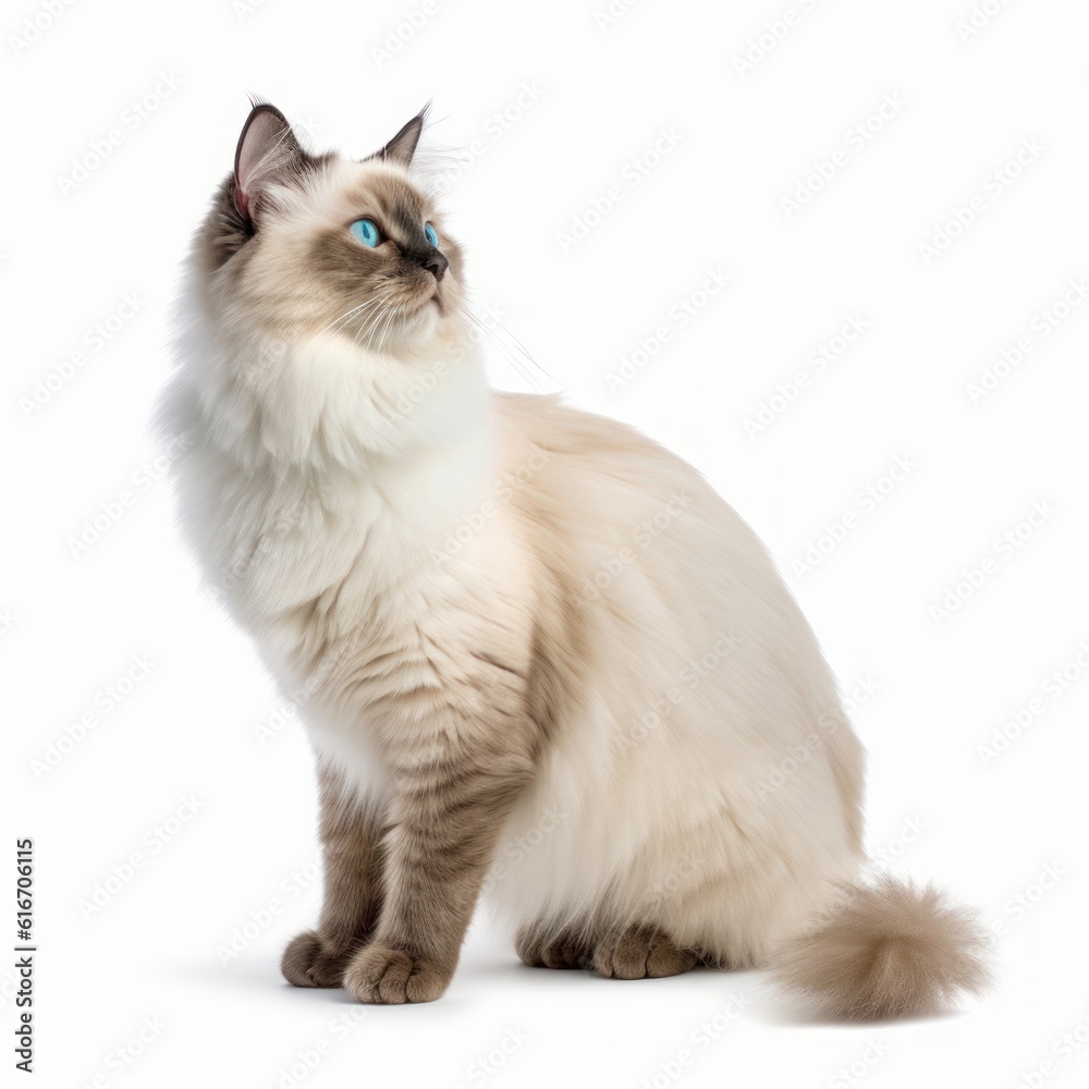 Standing Birman Cat. Isolated on Caucasian, White Background. Generative AI.