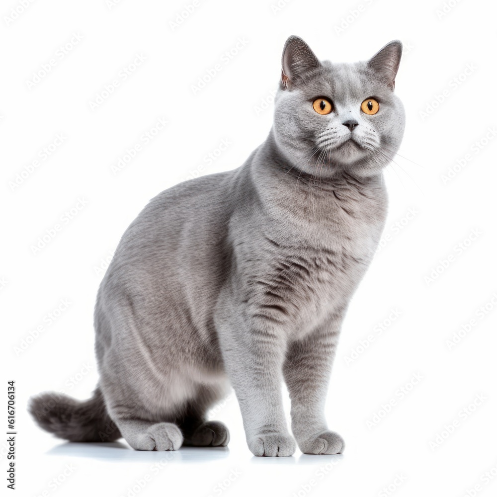 Obraz premium Standing British Shorthair Cat. Isolated on Caucasian, White Background. Generative AI.