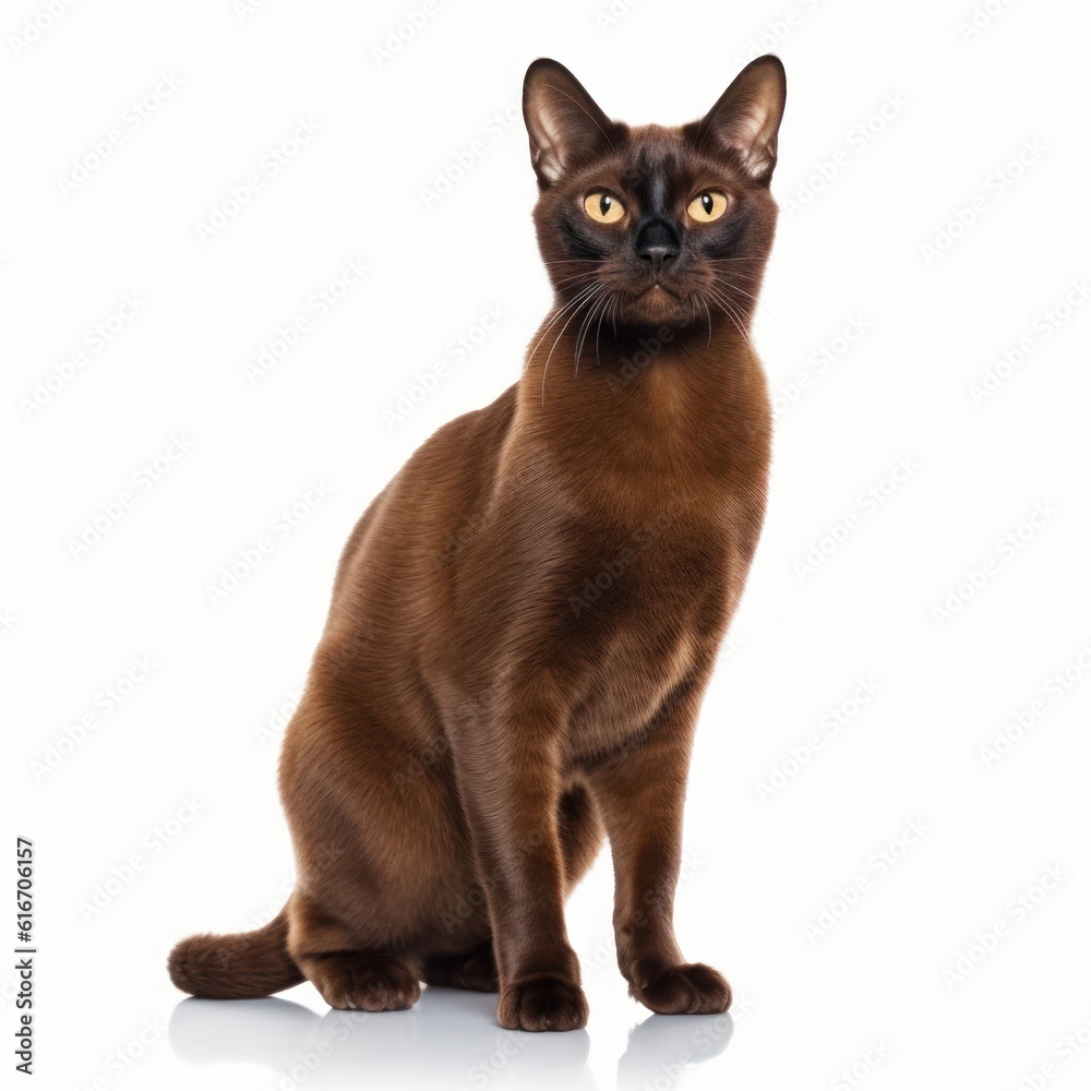 Standing Burmese Cat. Isolated on Caucasian, White Background. Generative AI.