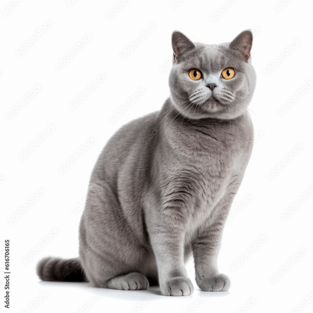 Standing British Shorthair Cat. Isolated on Caucasian, White Background. Generative AI.