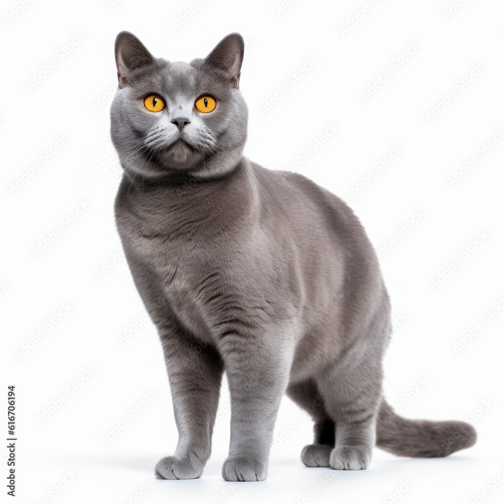 Standing Chartreux Cat. Isolated on Caucasian, White Background. Generative AI.
