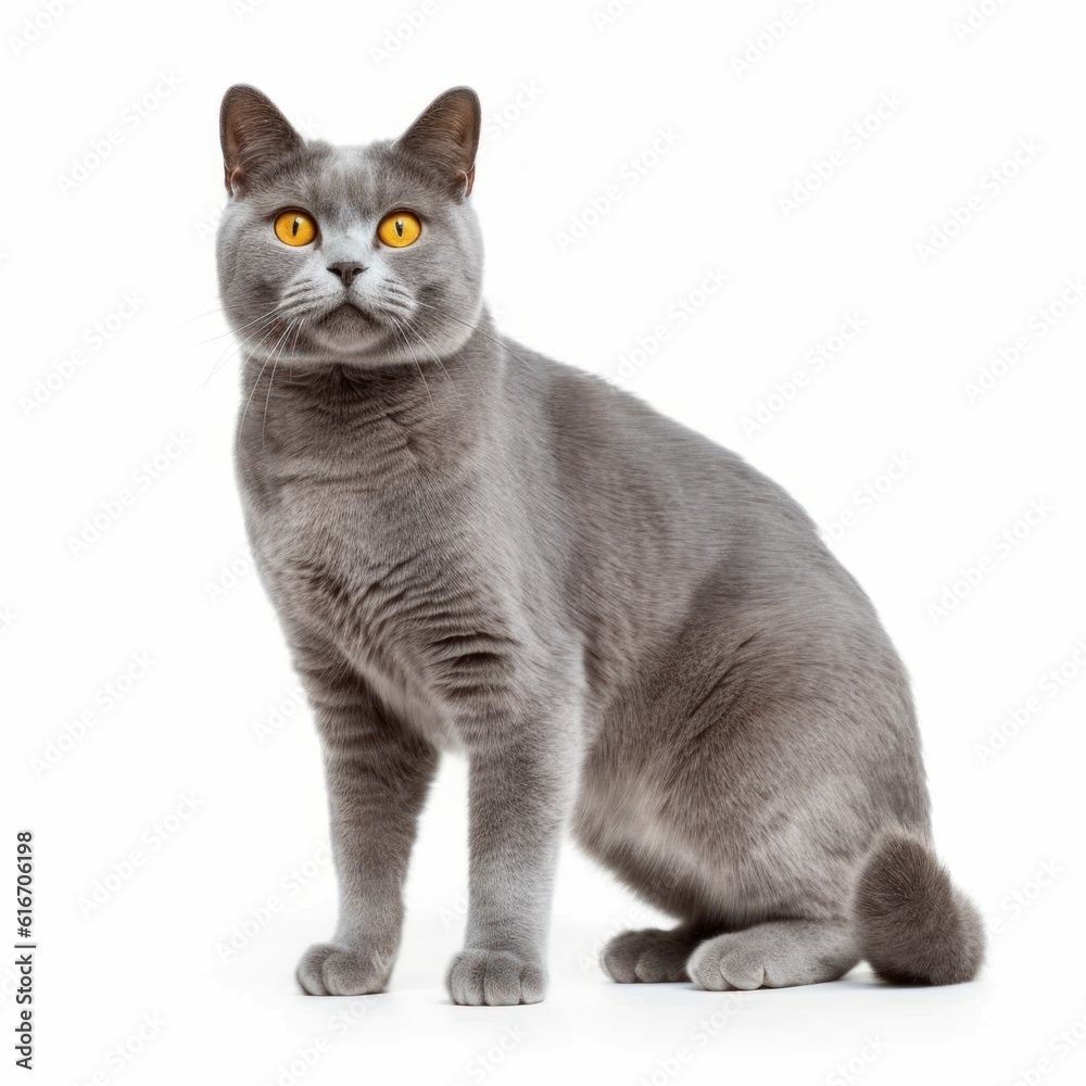Standing Chartreux Cat. Isolated on Caucasian, White Background. Generative AI.