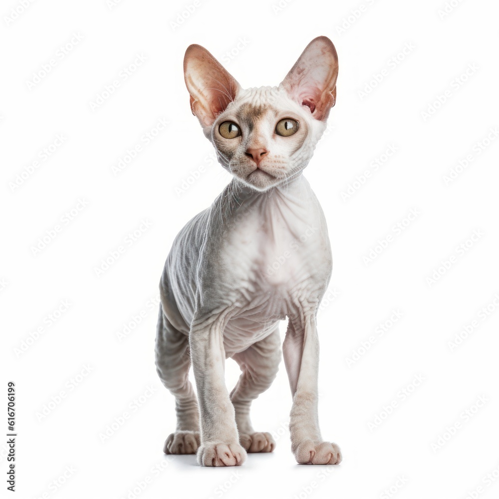 Standing Devon Rex Cat. Isolated on Caucasian, White Background. Generative AI. Standing Devon Rex Cat. Isolated on Caucasian, White Background. Generative AI.