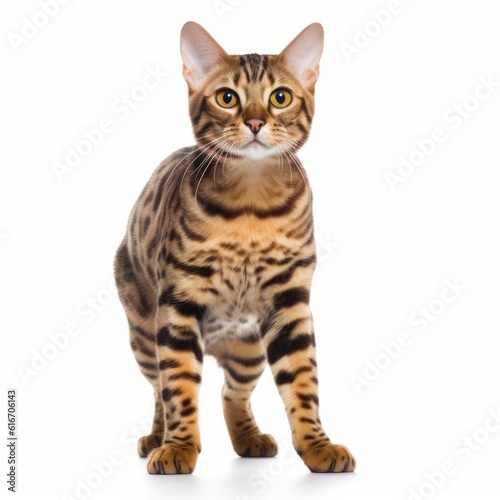 Standing Bengal Cat. Isolated on Caucasian, White Background. Generative AI.