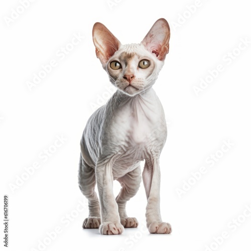 Standing Devon Rex Cat. Isolated on Caucasian, White Background. Generative AI.
