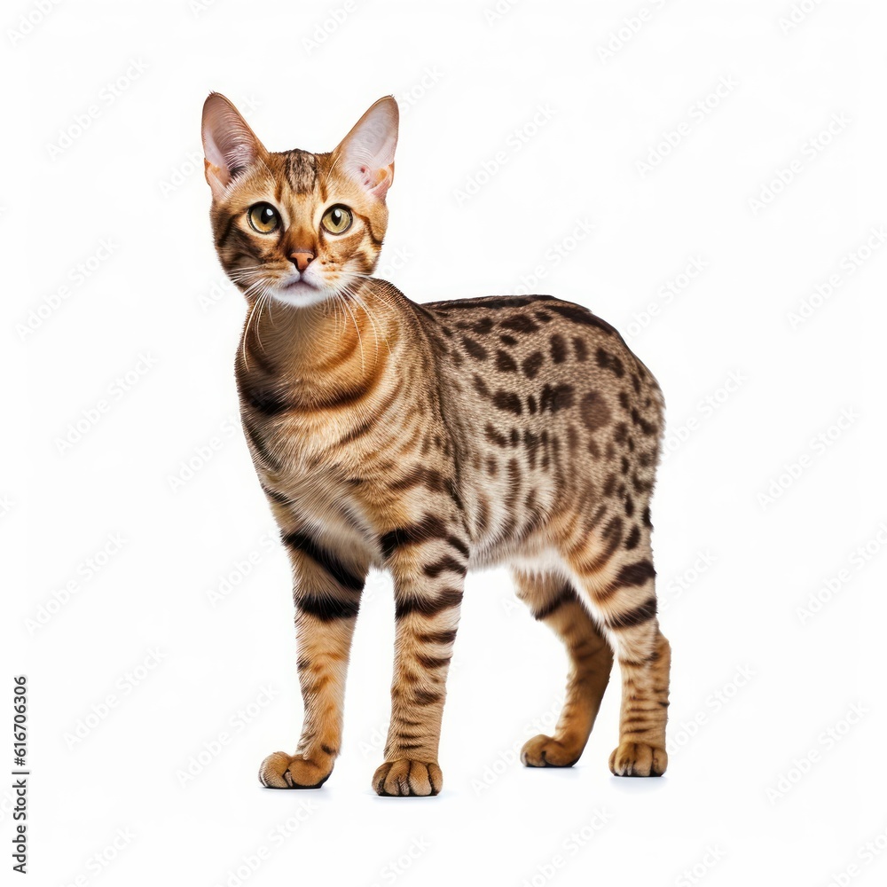Standing Ocicat Cat. Isolated on Caucasian, White Background. Generative AI. Standing Ocicat Cat. Isolated on Caucasian, White Background. Generative AI.