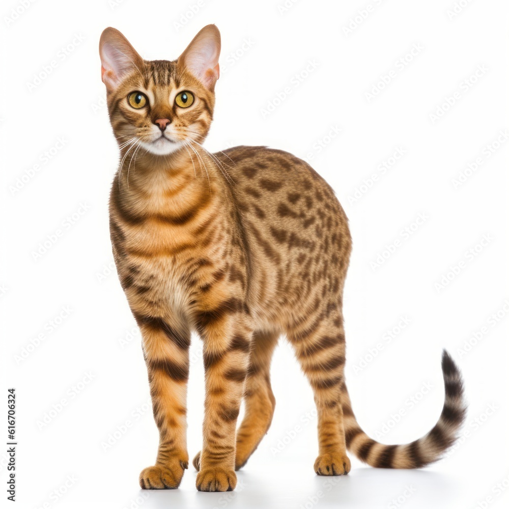 Standing Ocicat Cat. Isolated on Caucasian, White Background. Generative AI. Standing Ocicat Cat. Isolated on Caucasian, White Background. Generative AI.