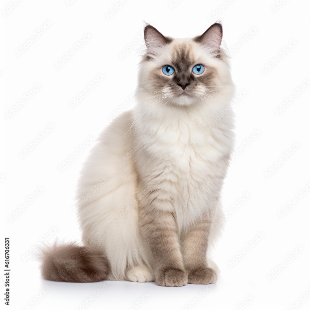 Standing Ragdoll Cat. Isolated on Caucasian, White Background. Generative AI.