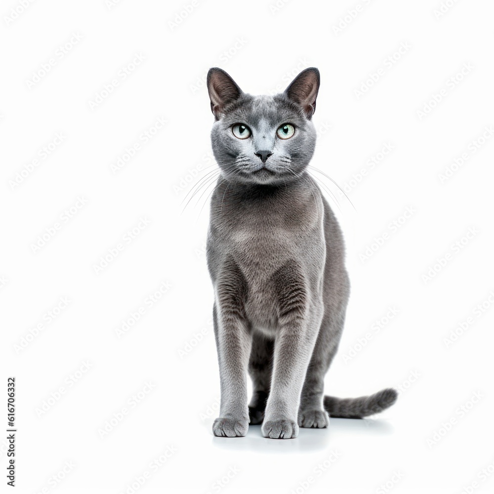 Standing Russian Blue Cat. Isolated on Caucasian, White Background. Generative AI.