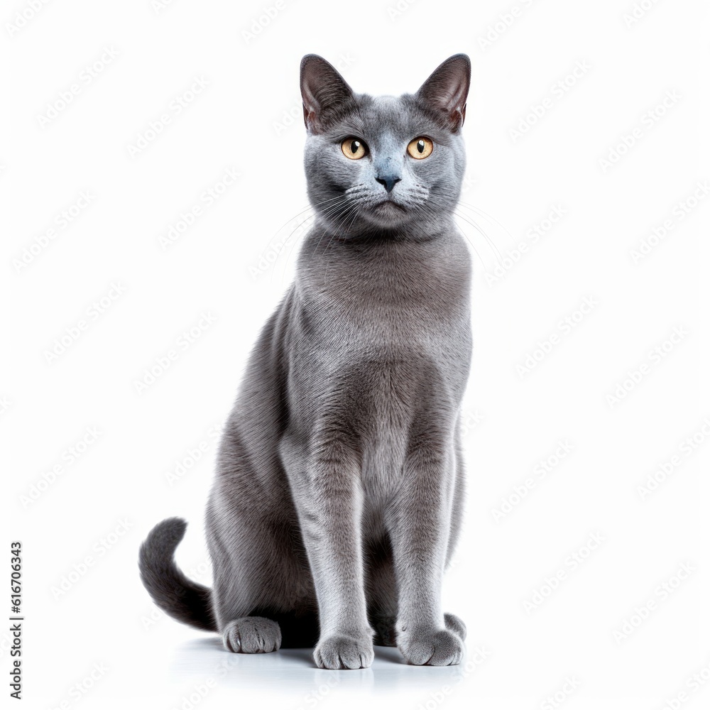 Standing Russian Blue Cat. Isolated on Caucasian, White Background. Generative AI.