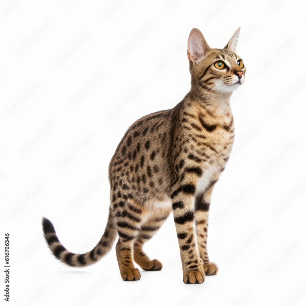 Standing Savannah Cat. Isolated on Caucasian, White Background. Generative AI. Standing Savannah Cat. Isolated on Caucasian, White Background. Generative AI.
