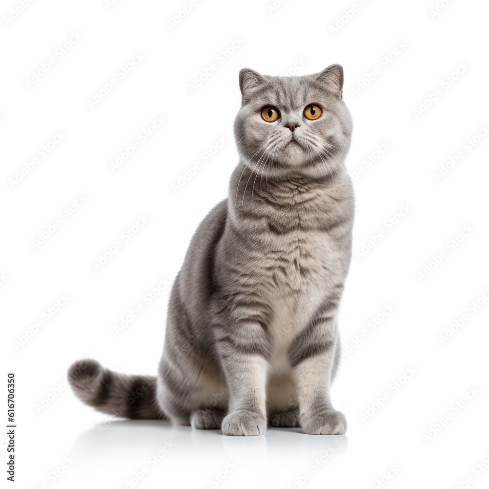 Standing Scottish Fold Cat. Isolated on Caucasian, White Background. Generative AI.