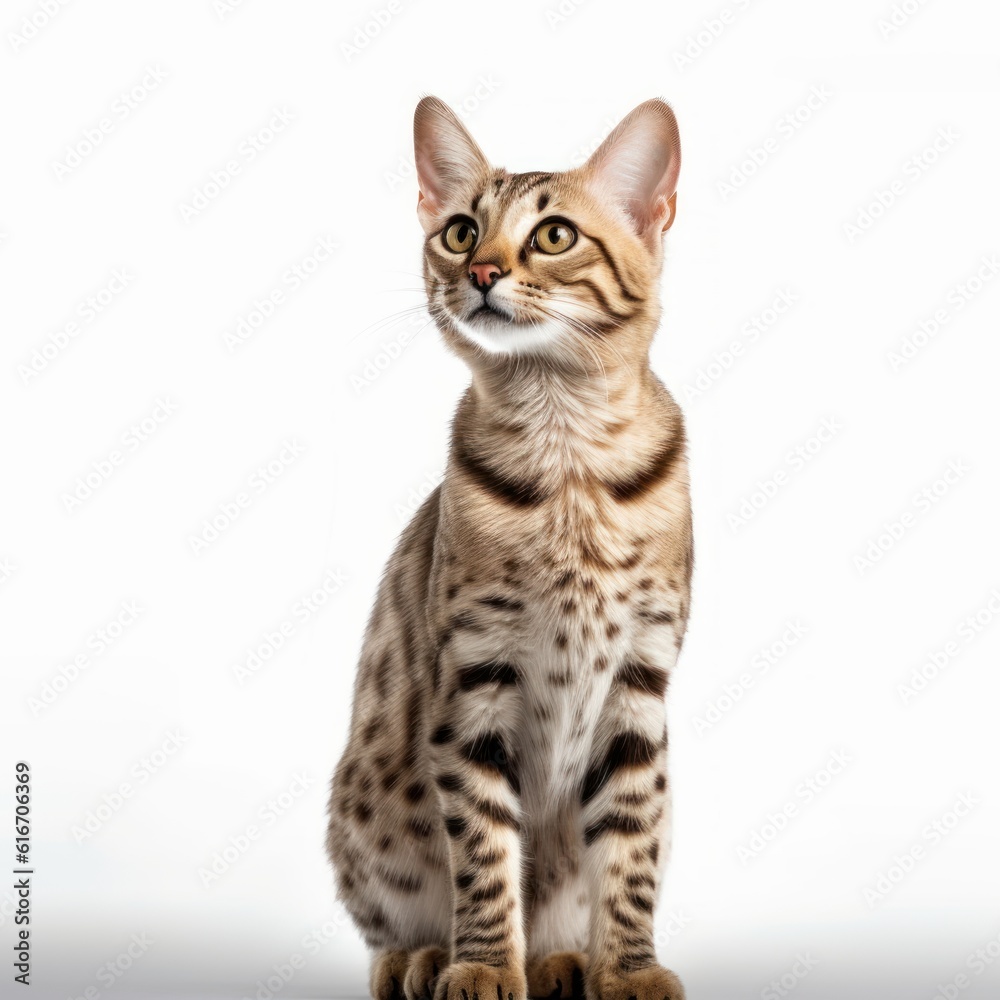Standing Savannah Cat. Isolated on Caucasian, White Background. Generative AI. Standing Savannah Cat. Isolated on Caucasian, White Background. Generative AI.