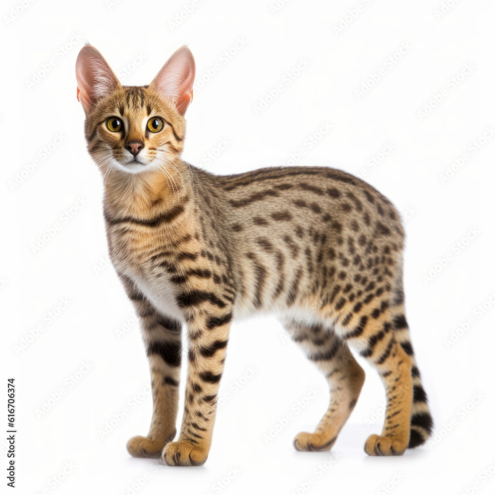 Standing Savannah Cat. Isolated on Caucasian, White Background. Generative AI.