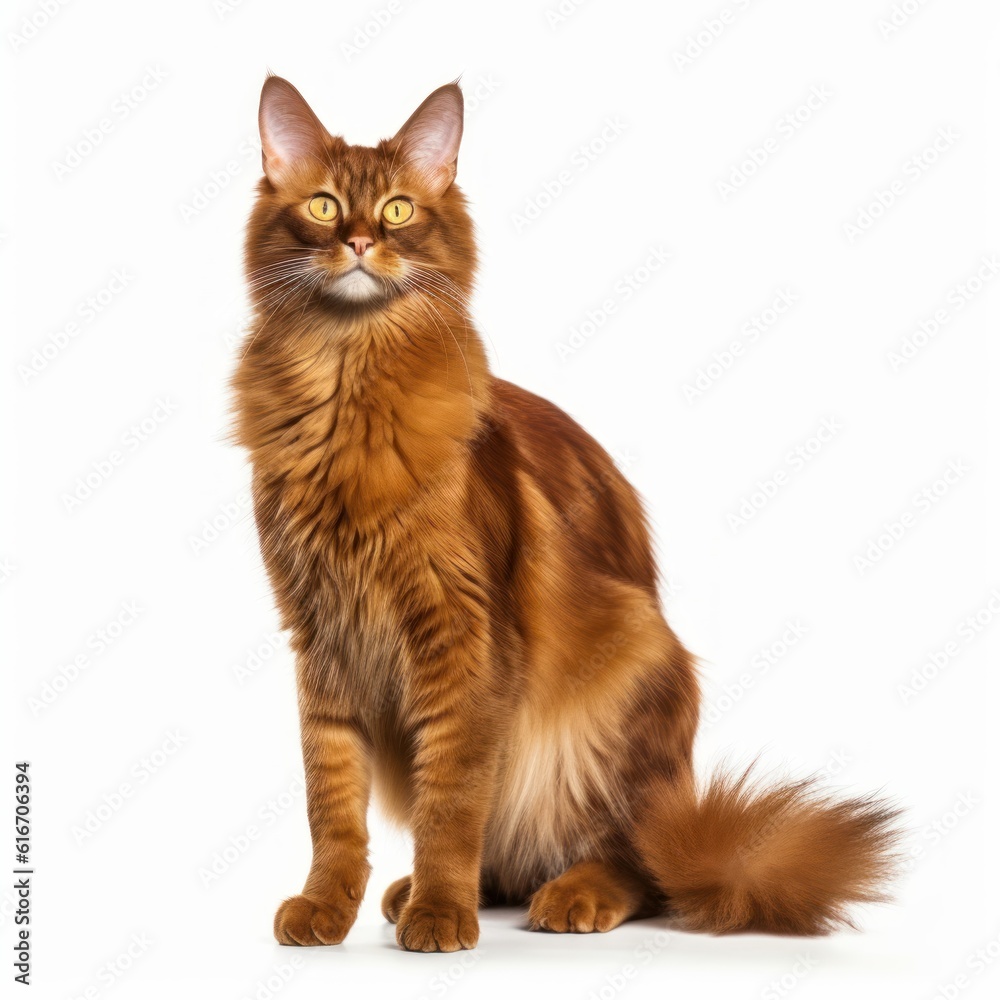 Obraz premium Standing Somali Cat. Isolated on Caucasian, White Background. Generative AI.