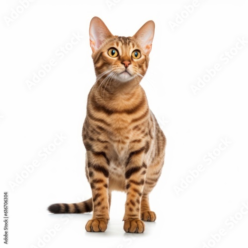 Standing Ocicat Cat. Isolated on Caucasian, White Background. Generative AI.