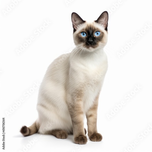 Standing Siamese Cat. Isolated on Caucasian, White Background. Generative AI.