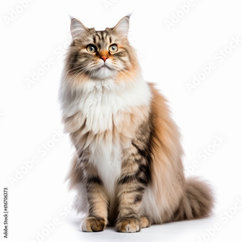 Standing Siberian Cat. Isolated on Caucasian, White Background. Generative AI.