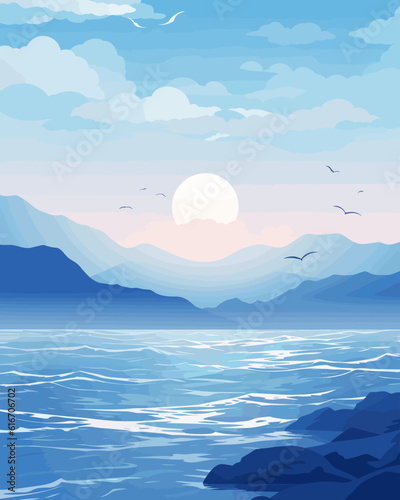Mountain landscape vector art with blue hues.