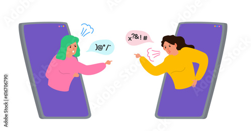 two women screaming quarrel conflict cyber bullying from smartphones mobile phone  internet social media vector illustration