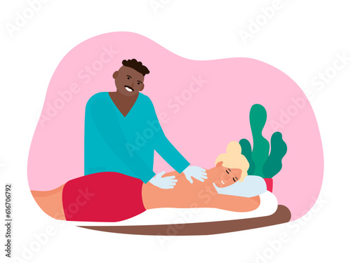 african american masseur therapist makes back massage woman vector illustration