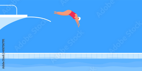 jumping woman diver diving board springboard competition swimming pool vector illustration