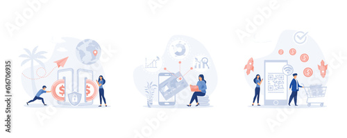 Pos-terminal and payment systems. transfers money. Virtual finance concept with outline people, set flat modern vector illustration