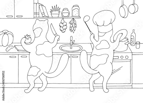 Cats are cooking in the kitchen graphic black white home interior sketch illustration vector
