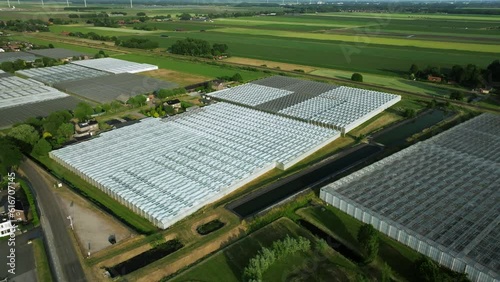 Multiple Green Houses Floriculture Industry, Flower Cultivation, Aerial Orbit photo