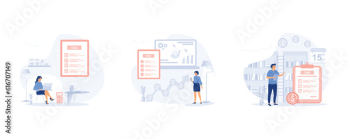 Tax preparation abstract. document preparation  payment planning, set flat modern vector illustration