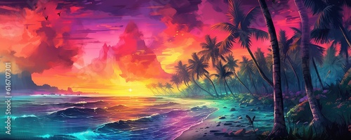 Sunny colorful beach painting with palm trees beside the ocean. 