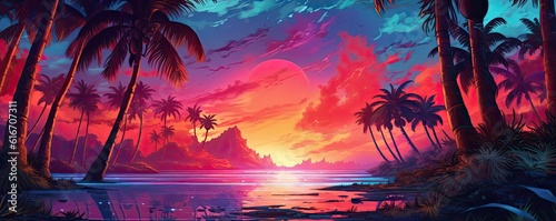 Sunny colorful beach painting with palm trees beside the ocean. 