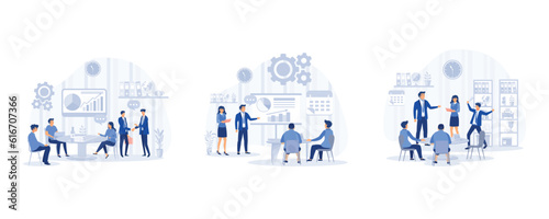 Group of business people sitting at desk with laptops, congratulating colleague with business achievements, having a meeting around a conference table, set flat modern vector illustration