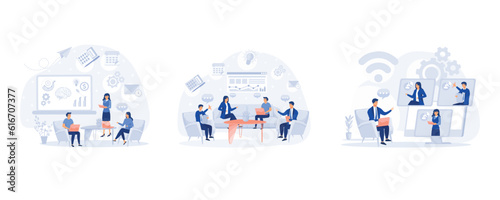business workflow, Corporate business team having a meeting in a virtual office room, remote work and teamwork concept, set flat modern vector illustration