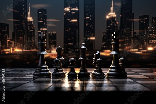 Chess figures against the city backdrop. 