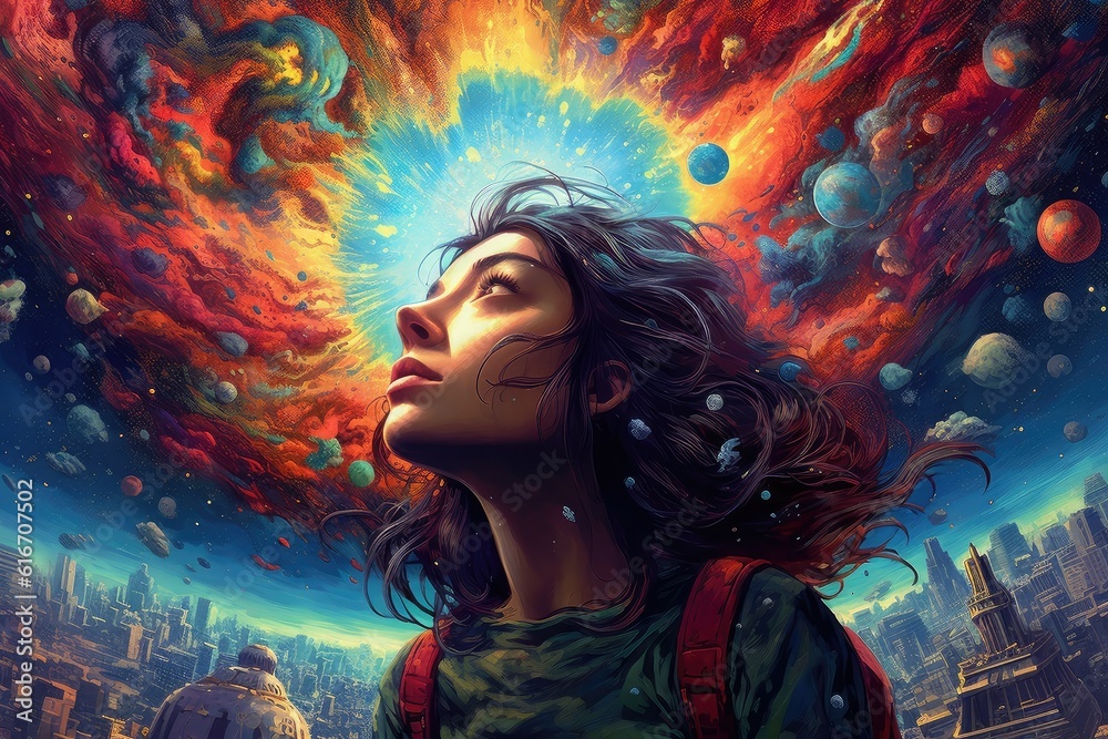 Woman with an extraordinary eye fixated on the celestial realm above. Woman with an extraordinary eye fixated on the celestial realm above.