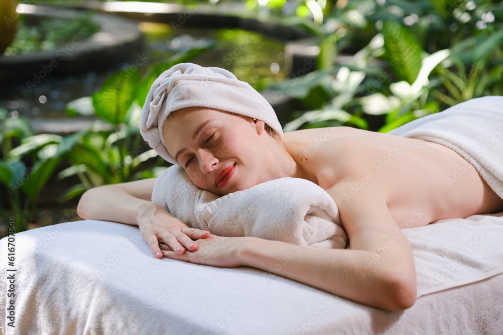caucasian white woman relaxing in spa massage caucasian white woman relaxing in spa massage