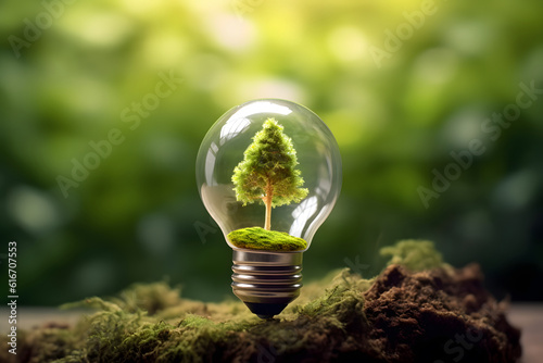 Tree in nature growing on light bulb in sunshine, eco-saving concept, AI generated