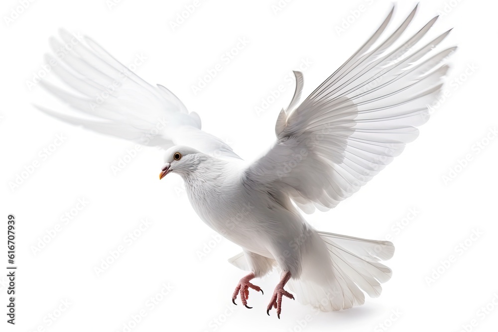 Obraz premium Illustration of a white dove in flight on a white background. Generative AI