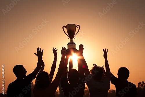 Illustration of a team of winners with a golden cup in their hands against the shining sun in the sky. Generative AI