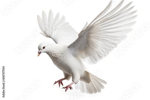 A pure white dove in flight with a wingspan isolated on a white background. Peace bird. Generative AI
