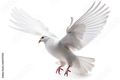 Illustration of a white dove in flight on a white background. Generative AI