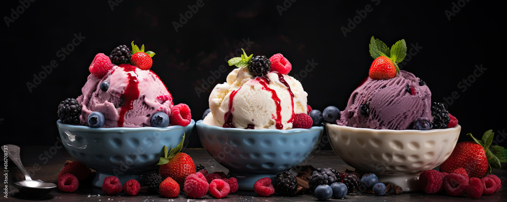 Three bowls with fruity ice cream scoops. generative ai