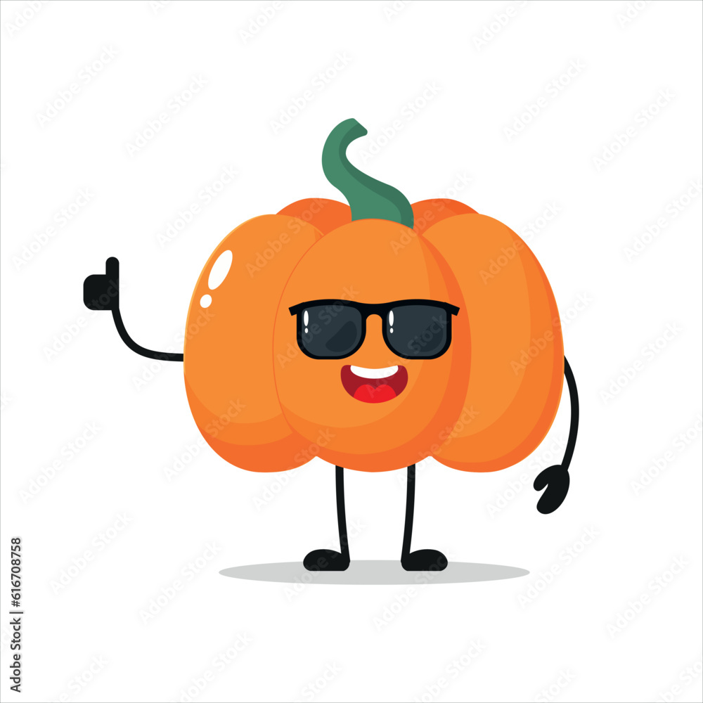 Cute happy pumpkin character wear sunglasses. Funny pumpkin greet friend cartoon emoticon in flat style. vegetable emoji vector illustration Cute happy pumpkin character wear sunglasses. Funny pumpkin greet friend cartoon emoticon in flat style. vegetable emoji vector illustration