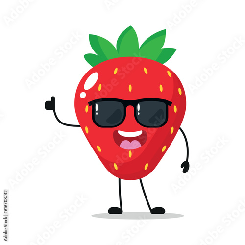 Cute happy strawberry character wear sunglasses. Funny strawberry greet friend cartoon emoticon in flat style. Fruit emoji vector illustration