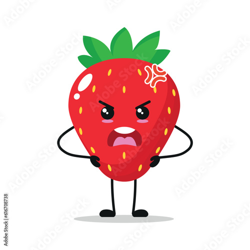 Cute angry strawberry character. Funny mad strawberry cartoon emoticon in flat style. Fruit emoji vector illustration