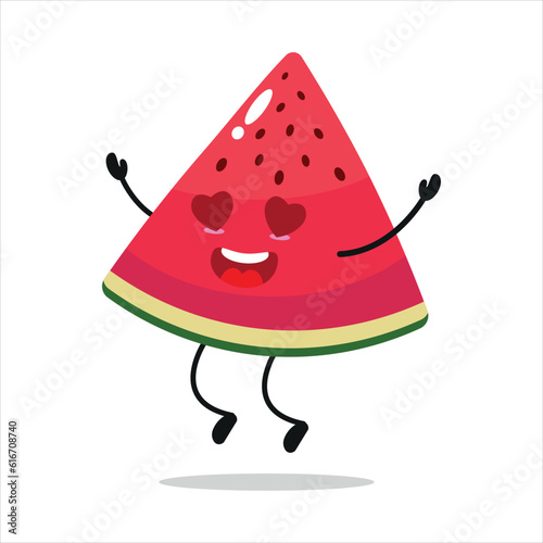 Cute happy slice watermelon character. Funny fall in love slice watermelon cartoon emoticon in flat style. Fruit emoji vector illustration