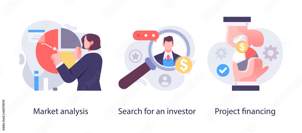 Business Marketing illustrations. Collection of scenes with men and women taking part in business activities. Trendy vector style Business Marketing illustrations. Collection of scenes with men and women taking part in business activities. Trendy vector style